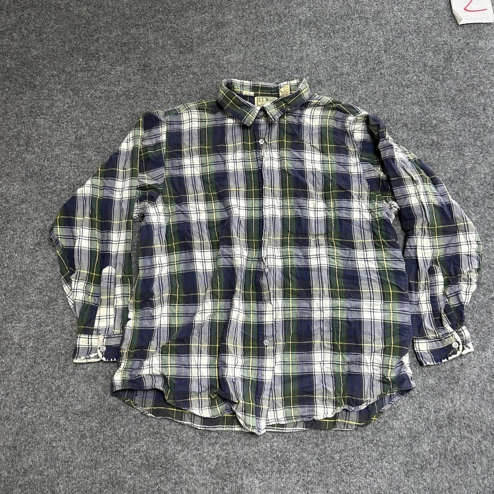 L.L. Bean Shirt Womens Size 20 Green Blue Plaid Cotton Flannel USA Made Flaw